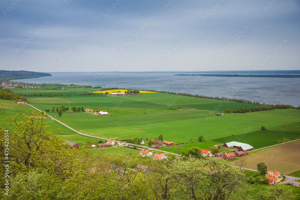 Sweden, Lake Vattern Area, Uppgranna, high angle countryside and lake view from the Brahehus castle ruins