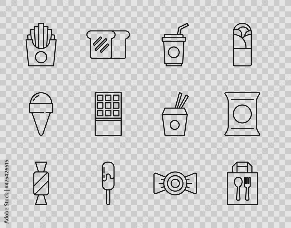 Set line Candy, Online ordering delivery, Paper glass with straw, Ice cream, Potatoes french fries box, Chocolate bar, and Bag packet potato chips icon. Vector Set line Candy, Online ordering delivery, Paper glass with straw, Ice cream, Potatoes french fries box, Chocolate bar, and Bag packet potato chips icon. Vector