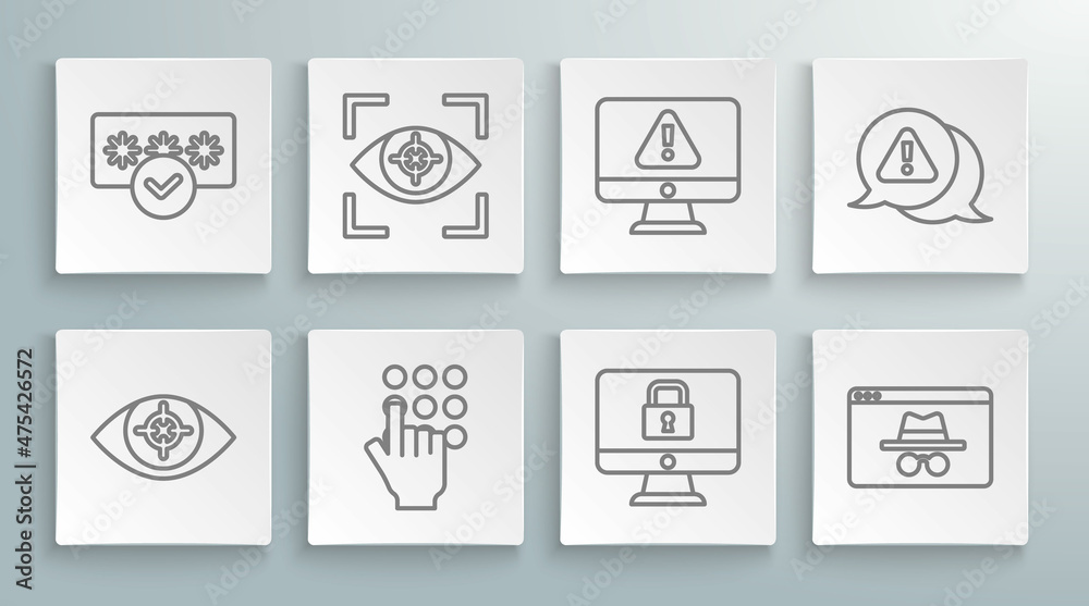 Set line Eye scan, Password protection, Lock monitor, Browser incognito window, Monitor with exclamation mark, Exclamation triangle and icon. Vector Set line Eye scan, Password protection, Lock monitor, Browser incognito window, Monitor with exclamation mark, Exclamation triangle and icon. Vector