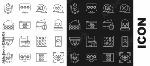 Set line Eye scan, Smartphone, Flasher siren, System bug, Browser incognito window, House with password, Shield check mark and Credit card shield icon. Vector