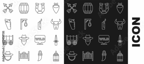 Set line Dynamite bomb, Dagger, Buffalo skull, Horseshoe, Gallows, Revolver gun in holster, Crossed arrows and icon. Vector