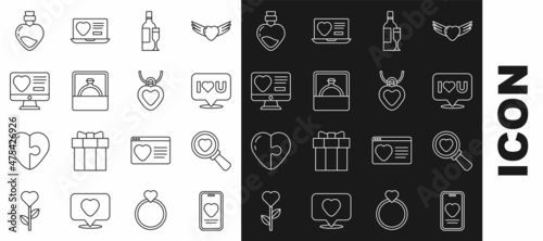 Set line Online dating app and chat, Search heart love, Speech bubble with I you, Champagne bottle, Diamond engagement ring, Dating online, Bottle potion and Necklace shaped icon. Vector