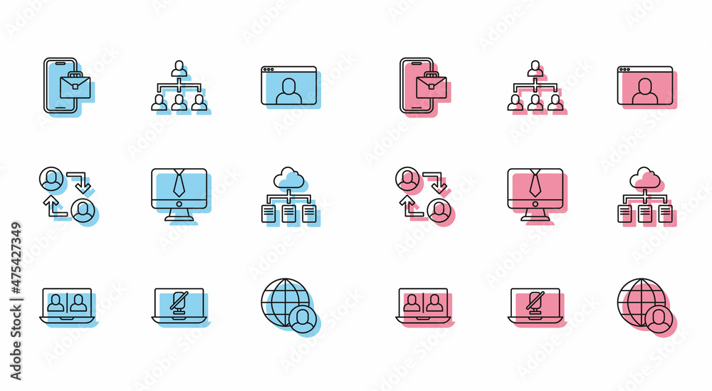 Set line Video chat conference, Mute microphone laptop, Freelancer, Online working, Project team base and Hierarchy organogram chart icon. Vector Set line Video chat conference, Mute microphone laptop, Freelancer, Online working, Project team base and Hierarchy organogram chart icon. Vector