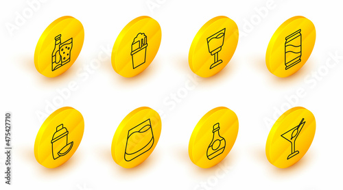 Set line Martini glass, Bottle of cognac or brandy, Glass whiskey, Cocktail shaker with lime, Beer can, Wine, beer and bottle icon. Vector