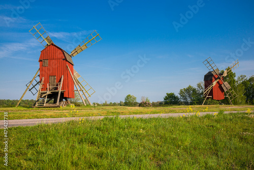 Sweden, Oland Island, Storlinge, antique wooden windmills photo