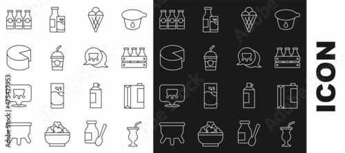 Set line Milkshake, Paper package for kefir, Bottled milk in wooden box, Ice cream waffle cone, Cheese, with and Udder icon. Vector