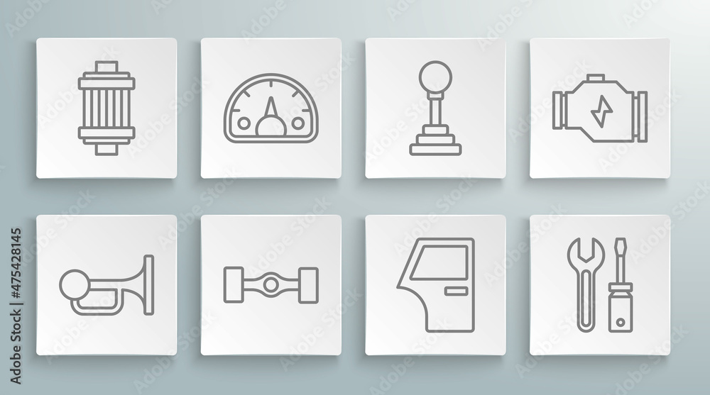 Set line Signal horn on vehicle, Speedometer, Chassis car, Car door, Screwdriver and wrench spanner, Gear shifter, Check engine and air filter icon. Vector