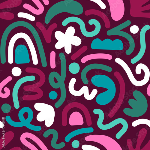 Contemporary art collage with multicolor abstract shapes. Vector seamless pattern with Scandinavian cut out elements.