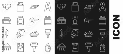Set line Bottle for cleaning agent, Rubber cleaner windows, Washer, Electric iron, Laundry detergent, Brush, Washing modes and powder icon. Vector