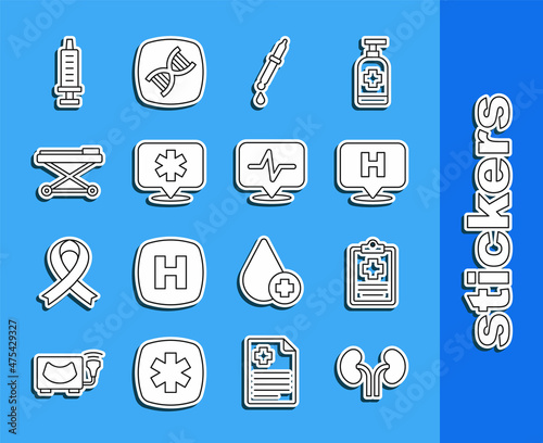 Set line Human kidneys, Patient record, Location hospital, Pipette, Stretcher, Syringe and Heart rate icon. Vector