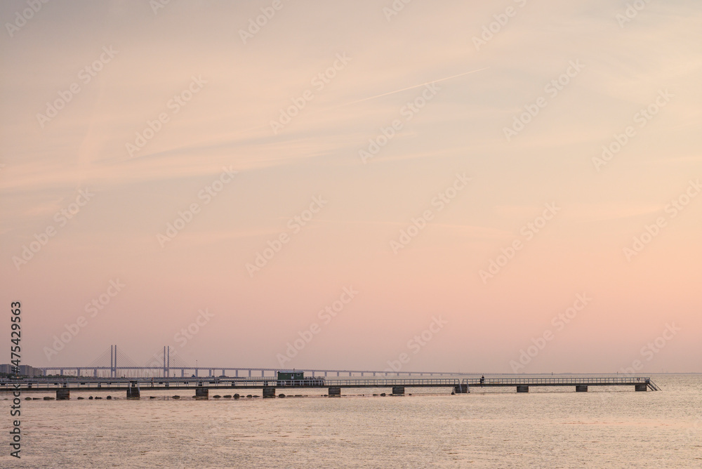 Sweden, Scania, Malmo, Oresund Bridge, longest cable-tied bridge in Europe, linking Sweden and Denmark, sunset
