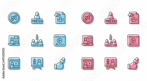 Set line Information, Television report, Censored stamp, Journalist news, Interview, Live stream, World and icon. Vector