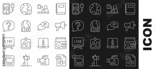 Set line Journalistic investigation, News radio channel, Megaphone, Breaking news, Live report, Speech bubble chat, Mobile recording and icon. Vector
