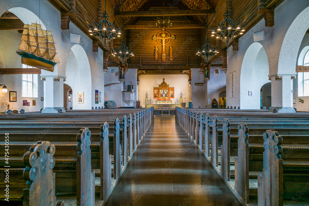 Fototapeta premium Sweden, Vastragotland and Bohuslan, Gothenburg, Masthuggs church, interior with model boat, maritime heritage (Editorial Use Only)