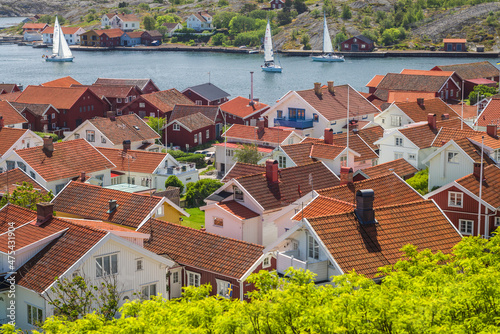 Sweden, Bohuslan, Orust Island, Mollosund, high angle village view photo