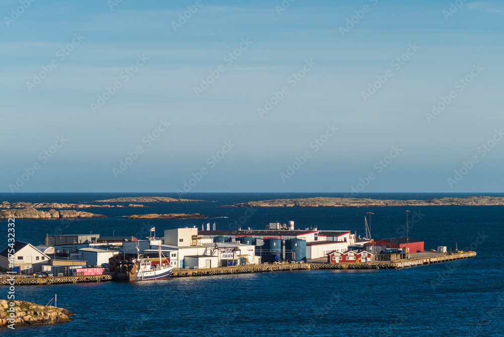 Sweden, Bohuslan, Kungshamn, high angle view of the fishing port