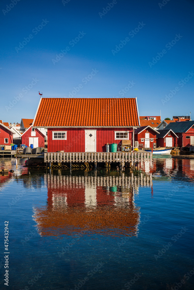 Sweden, Bohuslan, Kungshamn, red fishing shacks in the Fisketangen, old fisherman's neighborhood