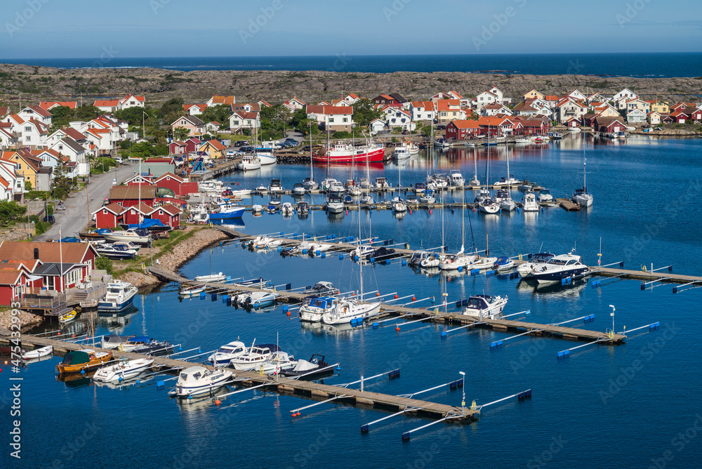 Sweden, Bohuslan, Hasselosund, high angle view of small harbor