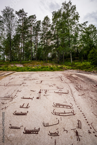 Sweden, Bohuslan, Tanumshede, Bronze Age carving detail of the Tanum area showing man with big sexual organ photo