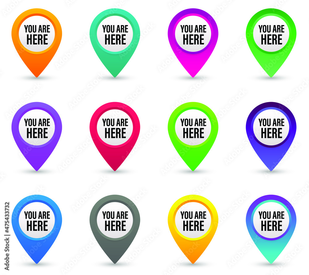 You are here sign mark icon set. Map pin symbol vector illustration. You are here sign mark icon set. Map pin symbol vector illustration.