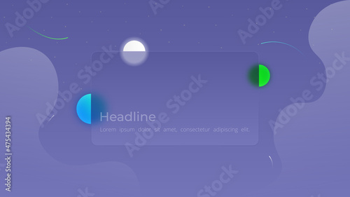 Vector abstract background. Concept  infinite universe. Very peri background with liquid objects  stars and planets in glassmorphism style. Web banner design template with meta for text. Copyspace.