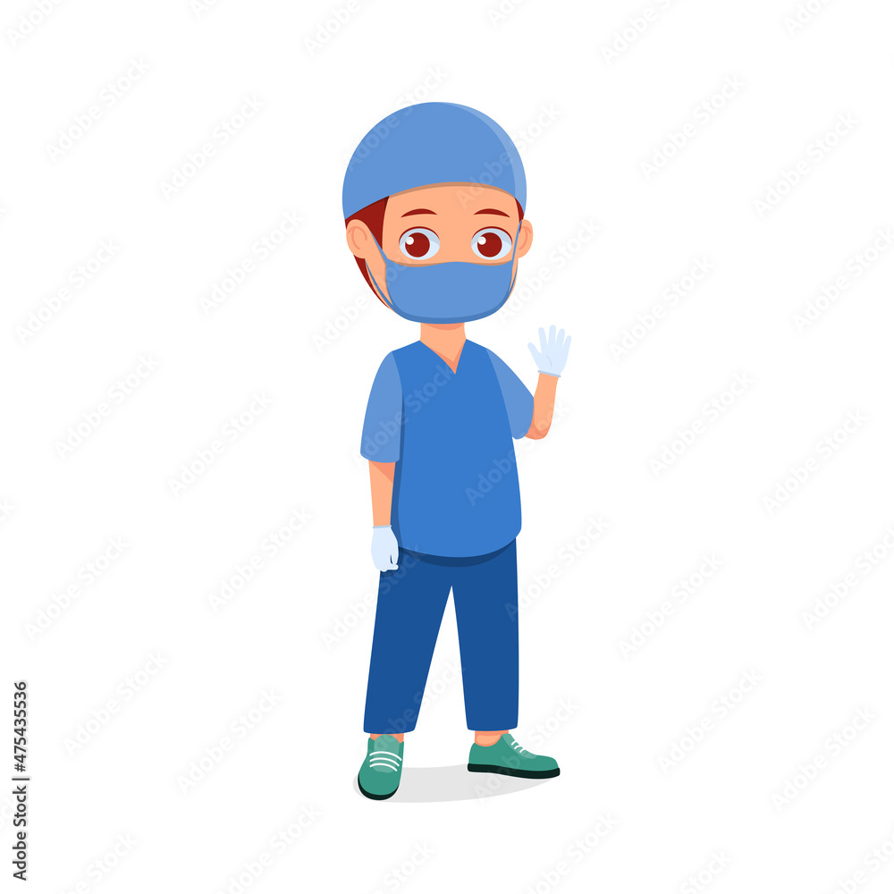 Cute boy wearing doctor clothes and posing while waving Cute boy wearing doctor clothes and posing while waving