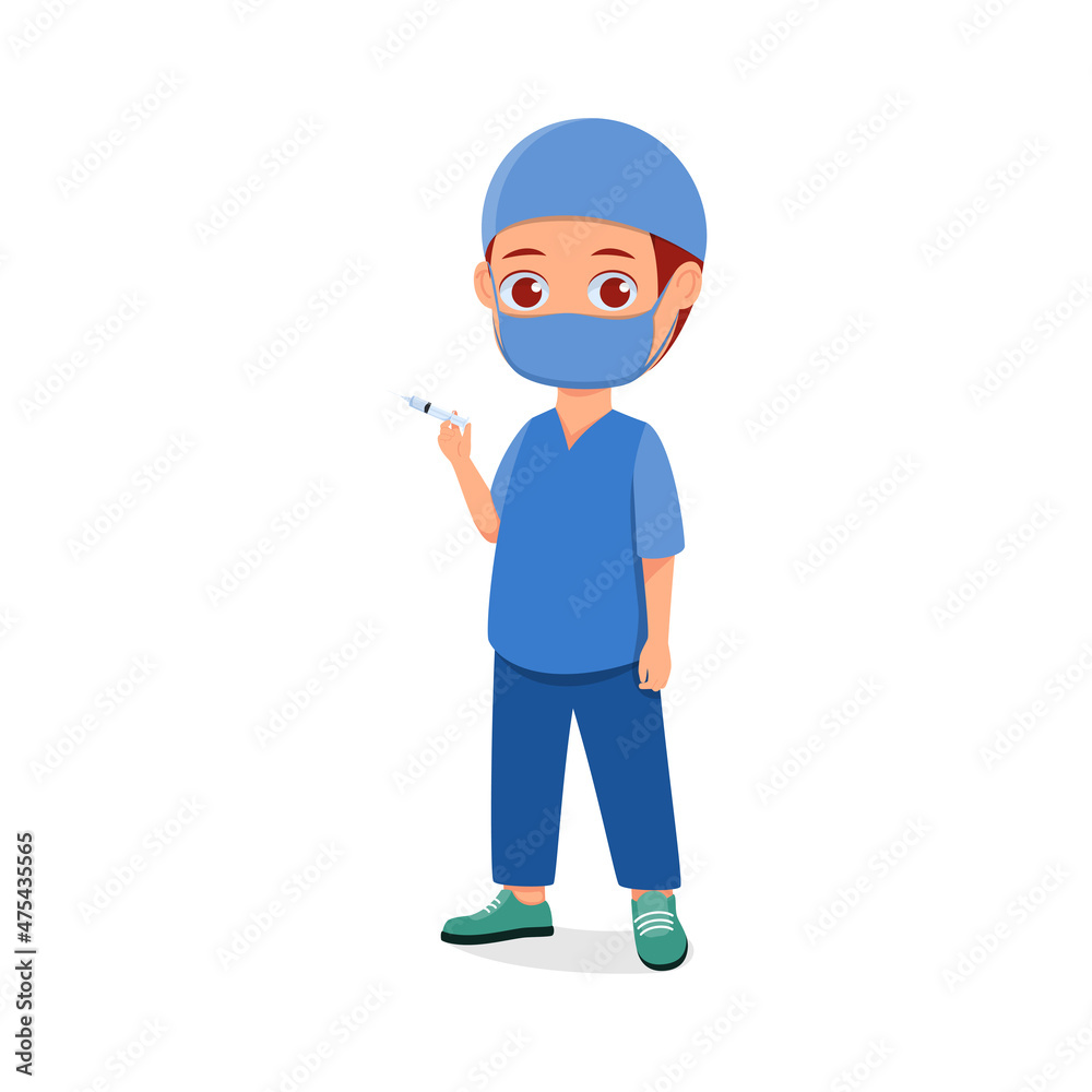 cute boy wearing doctor clothes with syringe in hand