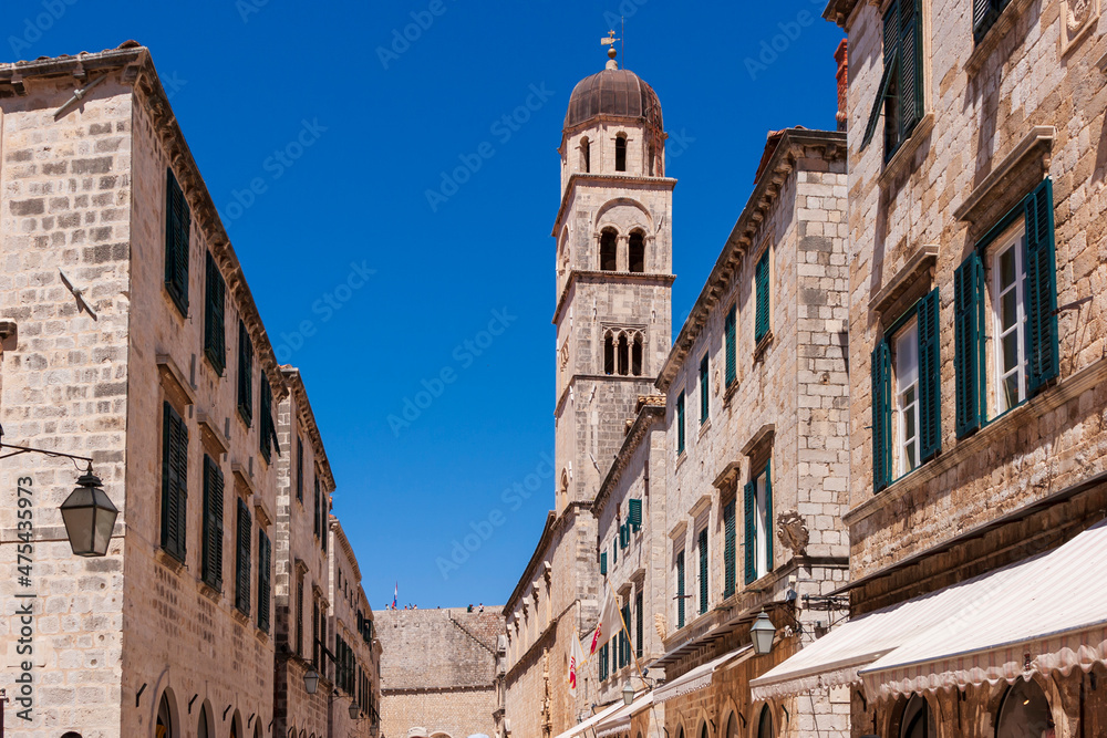 Dubrovnik, Croatia. Street scene in Old Town with Franciscan monastery.