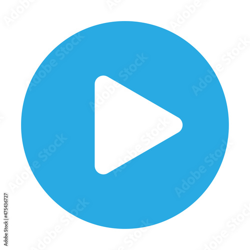Play sign. White triangle in blue circle. Multimedia concept. Mobile app element. Vector illustration. Stock image. 