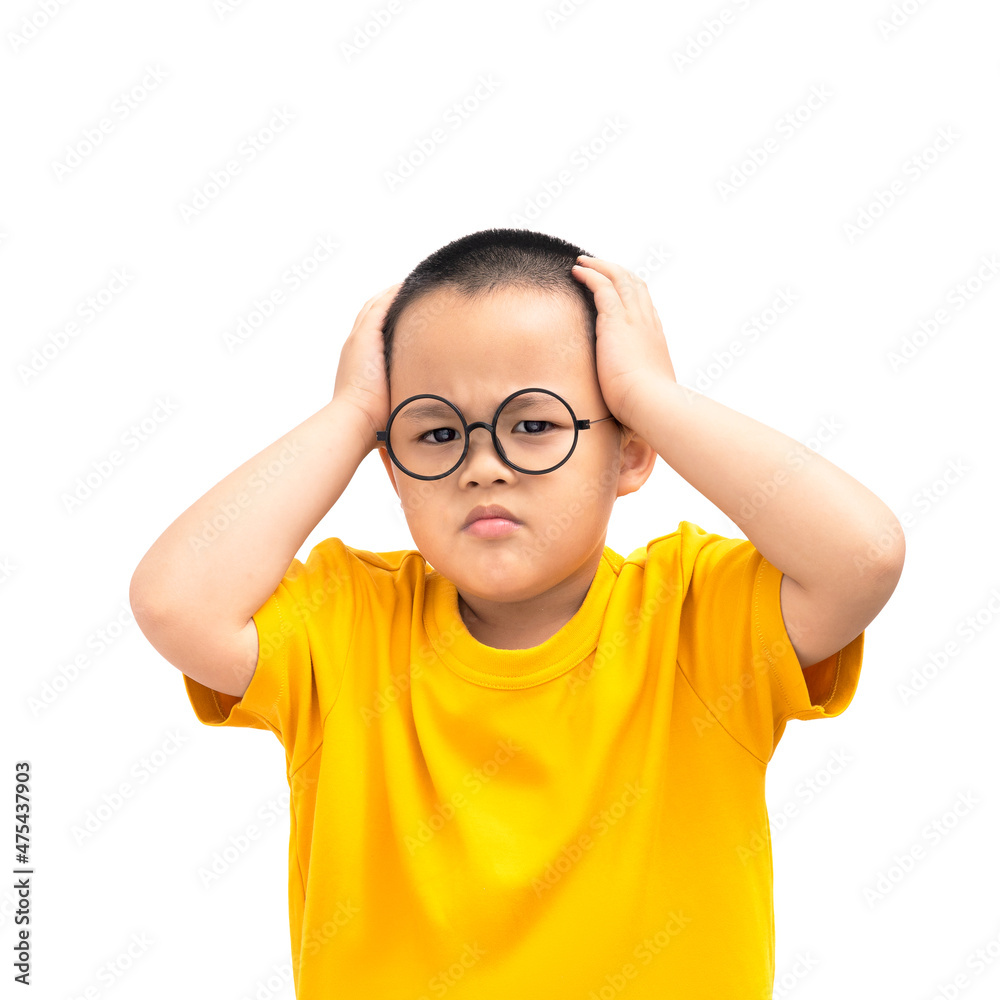 Portrait of a confused child and headache on a white background.