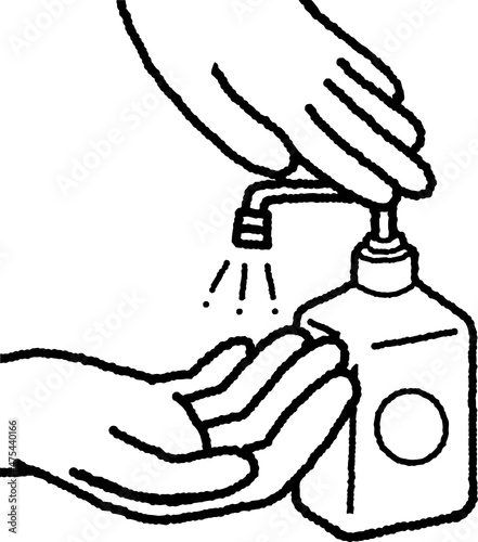 disinfect one's hands with an alcohol spray. Drawing.