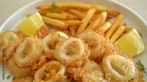 calamari - fried squid or octopus with french fries photo