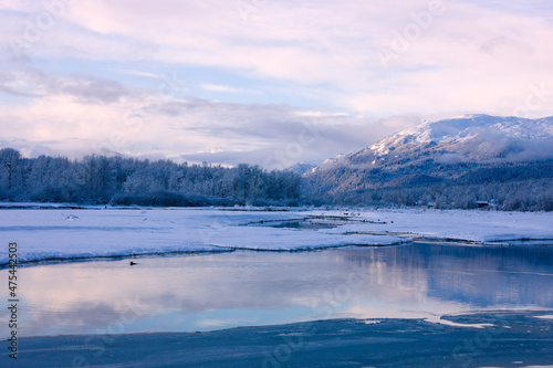 Landscape of river and mountain covered with snow  Haines  Alaska  USA