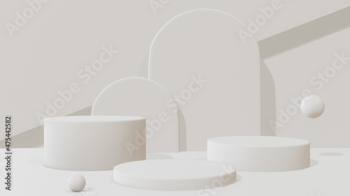 3d rendering studio with geometric shapes  podium on the floor. Platforms for product presentation  mock up background. Abstract composition in minimal design.