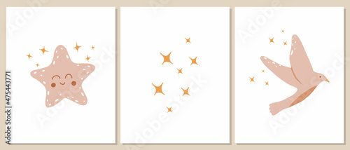  Vector illustration of star and bird in the style of kids boho. Boho style shining star and bird poster set. Decoration for the nursery. © Евгения Крупель