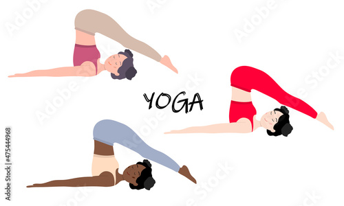 Womens Yoga set. Three girls, European, African and Asian show halaasana. Yoga training. Vector illustration.
