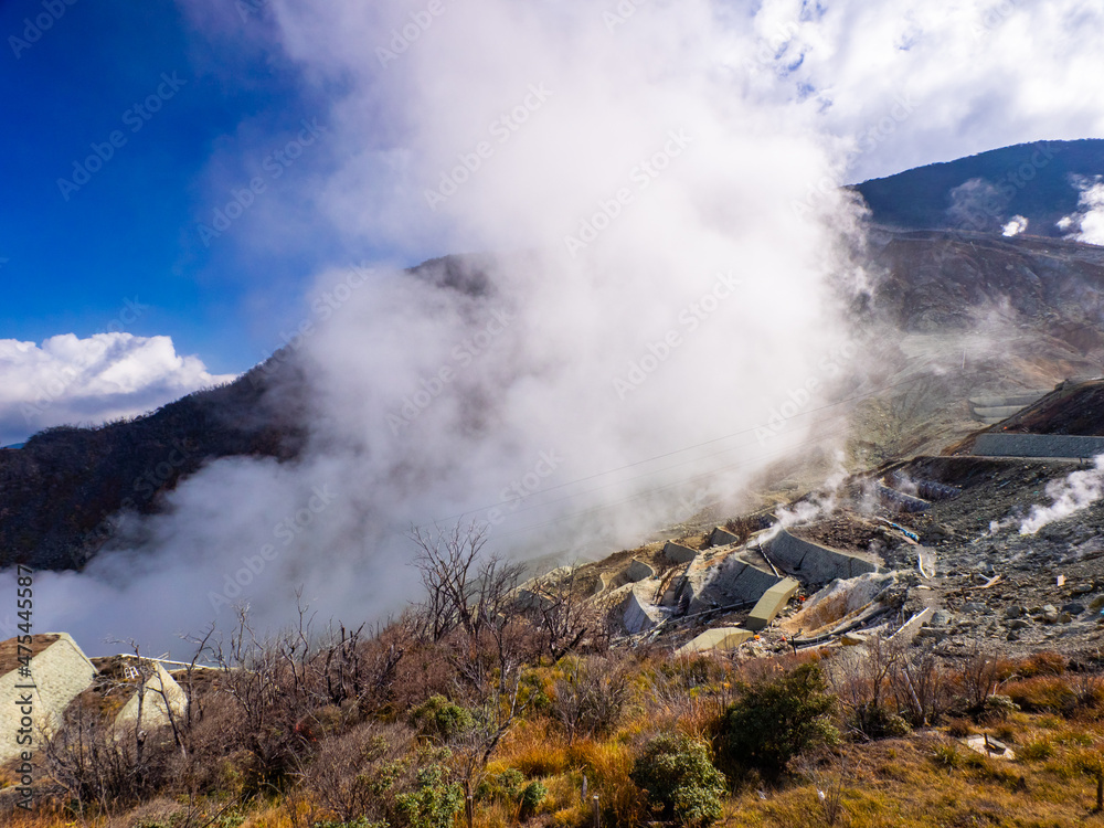 Fuming volcanic valley in autumn on a sunny day (Owakudani, Hakone, Kanagawa, Japan)