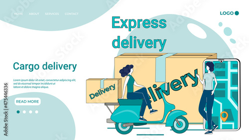 Cargo delivery.Fast delivery service.Couriers deliver goods after online orders.An illustration in the style of a green landing page.