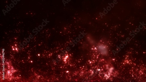 Red ascending magic atomic particles in macroscopic view. Concept 3D illustration background of illuminated entangled quantum ember fire, Valentines Day product showcase backplate and microbial life