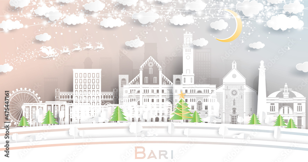 Bari Italy City Skyline in Paper Cut Style with Snowflakes, Moon and Neon Garland.