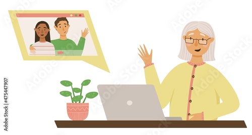 A cute grandmother communicates via video chat with her grandson and his wife. Vector illustration on white background