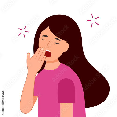 Woman feel tire and yawning in flat design on white background. Sleepy female want to sleep.