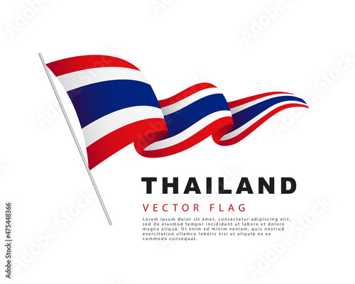 The flag of Thailand hangs from a flagpole and flutters in the wind. Vector illustration isolated on white background.