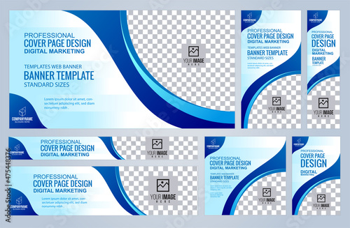 Set of Blue Web banners templates, Coverpage Standard sizes with space. Vector illustration
