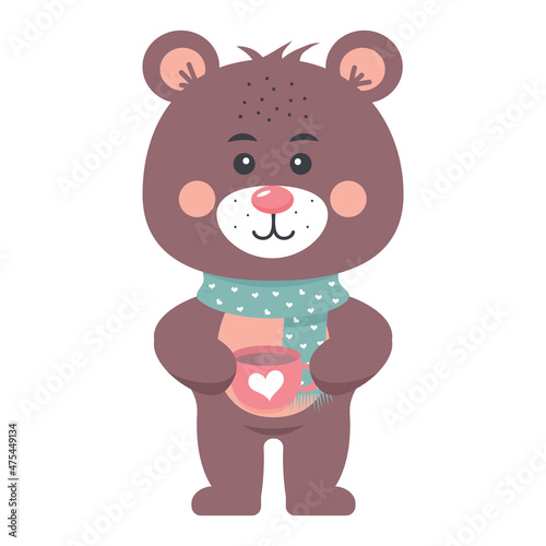 Cute teddy bear in a scarf holding a mug with a heart. Valentine s Day or Christmas design element. Funny baby animal.