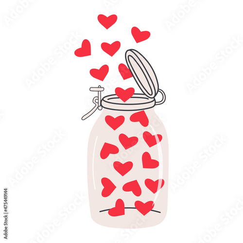 Open glass jar with hearts flying out from there. Love and valentine's day concept.