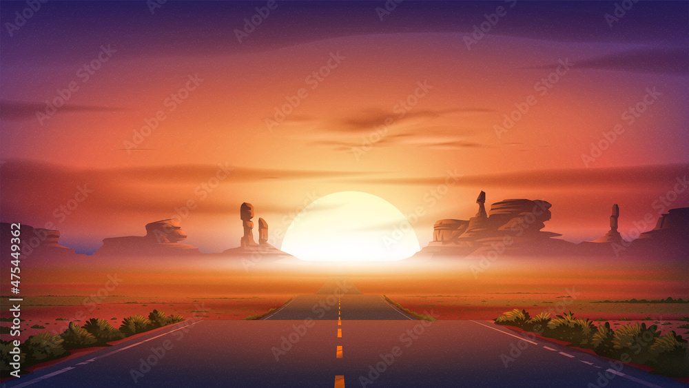 Obraz premium a state-to-state highway across a desert with a sunset at the canyon