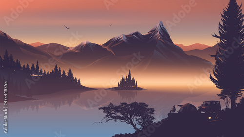 a fire camp near the lake with beautiful mountains in the morning