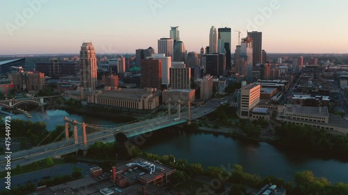 Aerial View Across Mississippi River into Downtown Minneapolis Minnesota 4K UHD