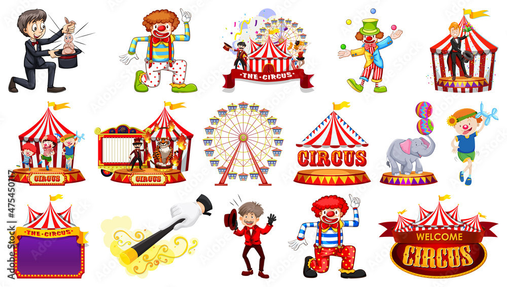 Set of circus characters and amusement park elements Set of circus characters and amusement park elements